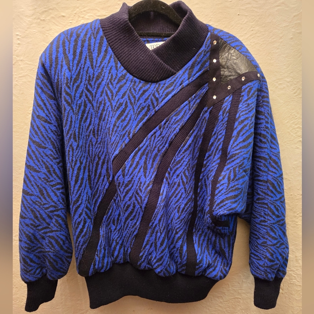 Vintage 80s Zebra Print Batwing Sweater • Cobalt Blue Studded Leather Accent Top